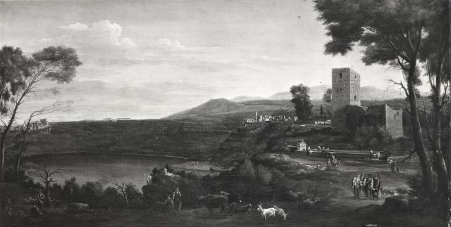 Christie's — Lint Hendrik Frans Van - sec. XVIII - Paesaggio con il lago di Nemi, città, torre e figure — insieme